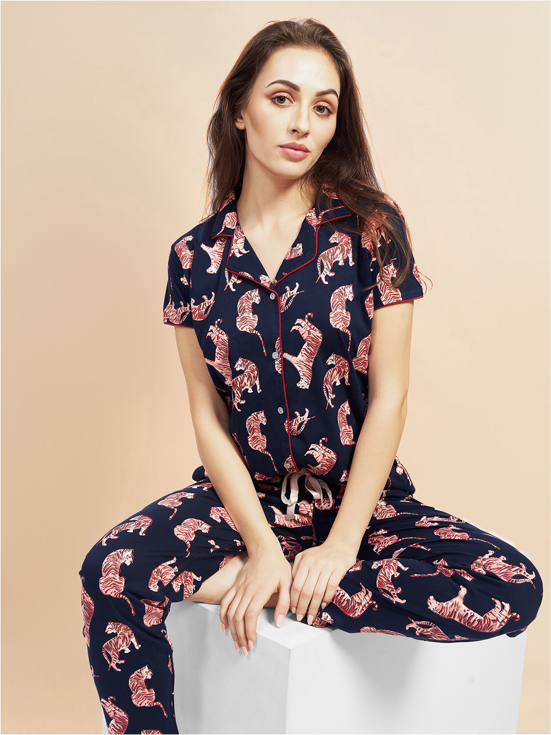 

PASTEL CLIP Women Pure Cotton Printed Night suit, Navy blue