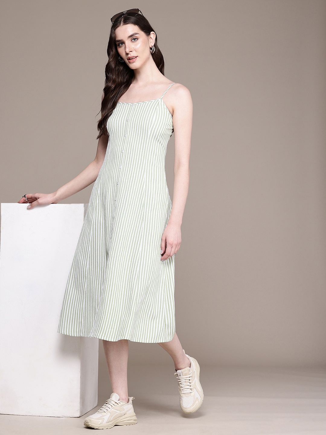 

Roadster Striped Crepe A-Line Midi Dress, Green