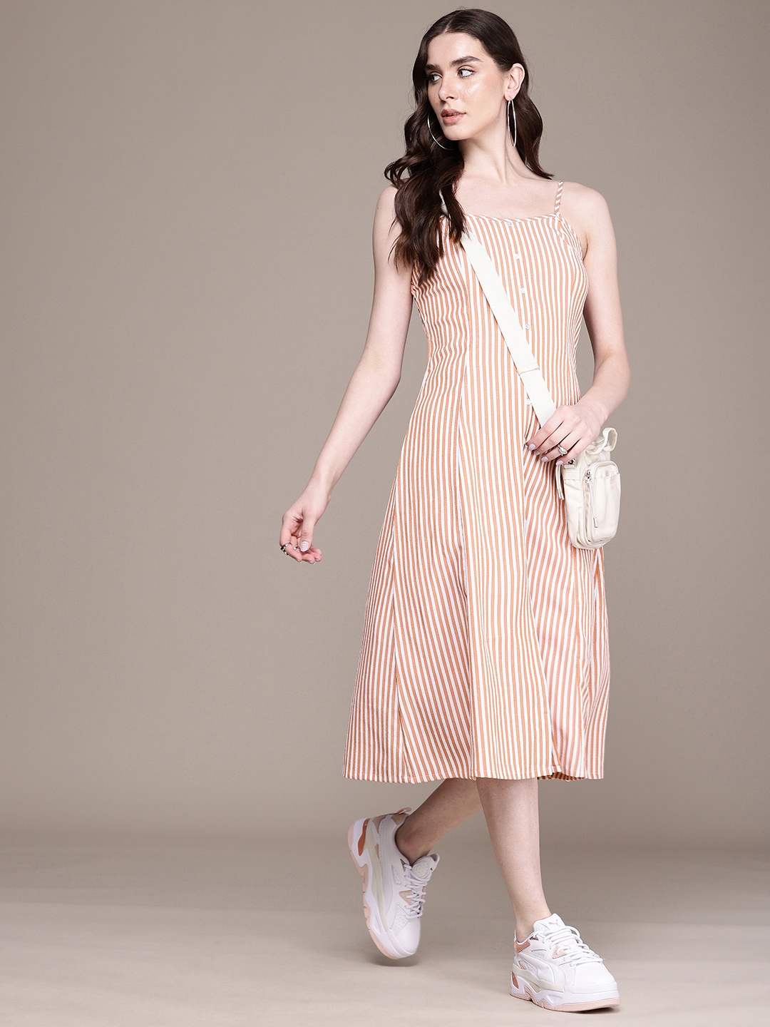 

Roadster Striped Crepe A-Line Midi Dress, Orange