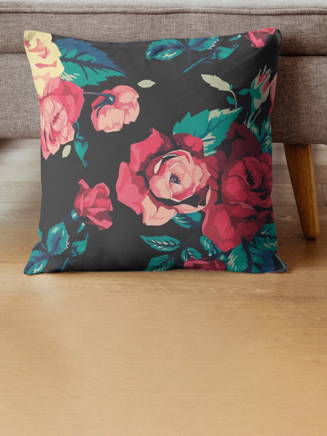 

THEYAYACAFE Black & Red Floral Velvet Square Cushion Covers