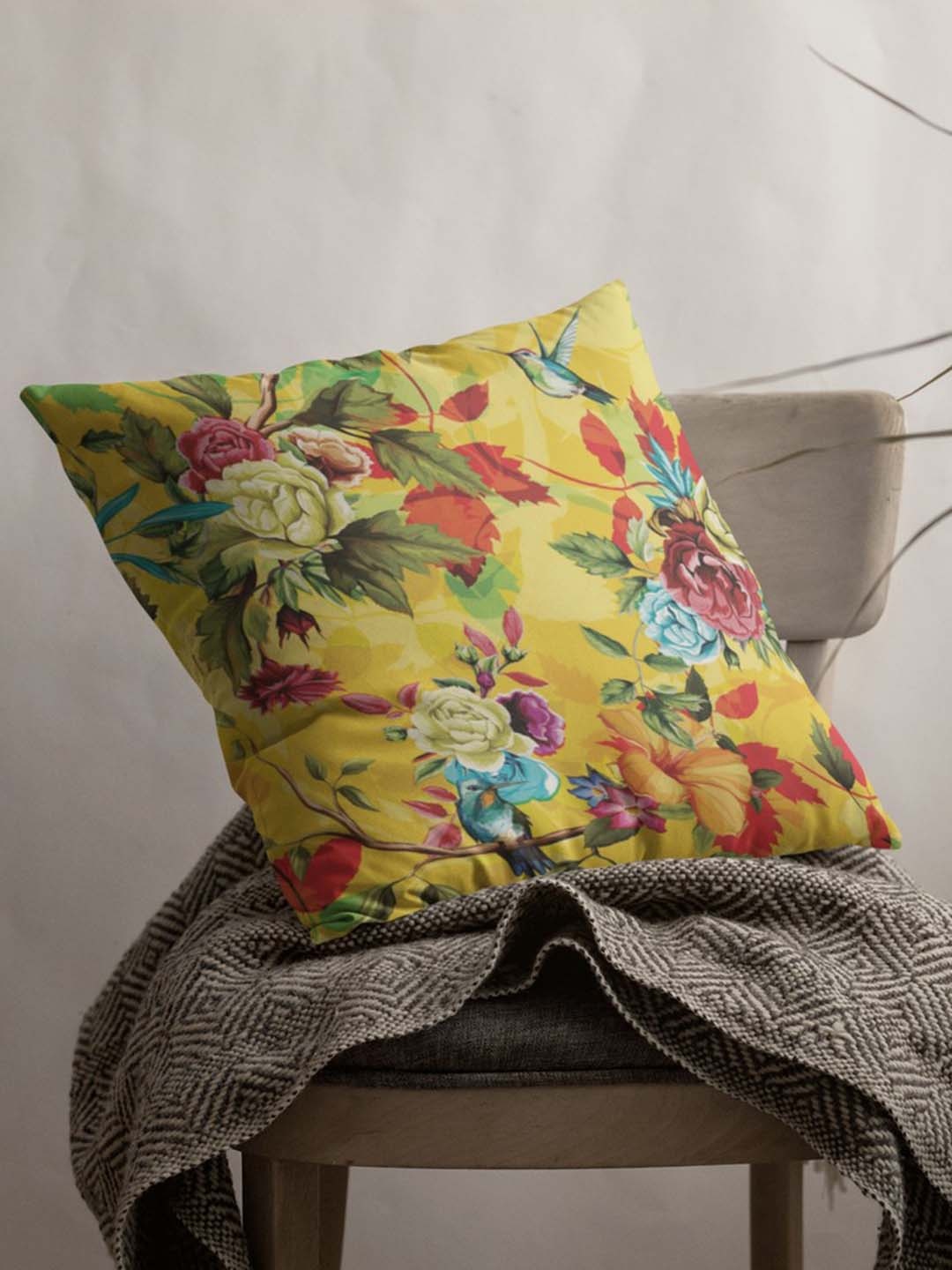 

THEYAYACAFE Yellow & Red Floral Square Cushion Cover