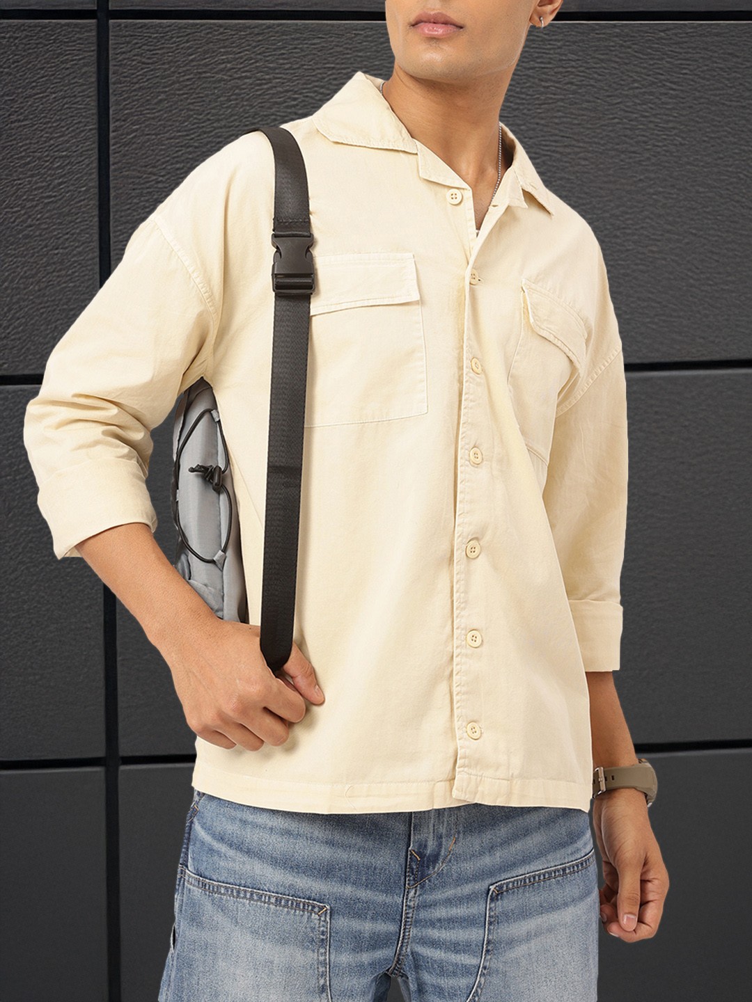 

Kook N Keech Functional Flair Flap-Pocketed Twill Shirt, Cream