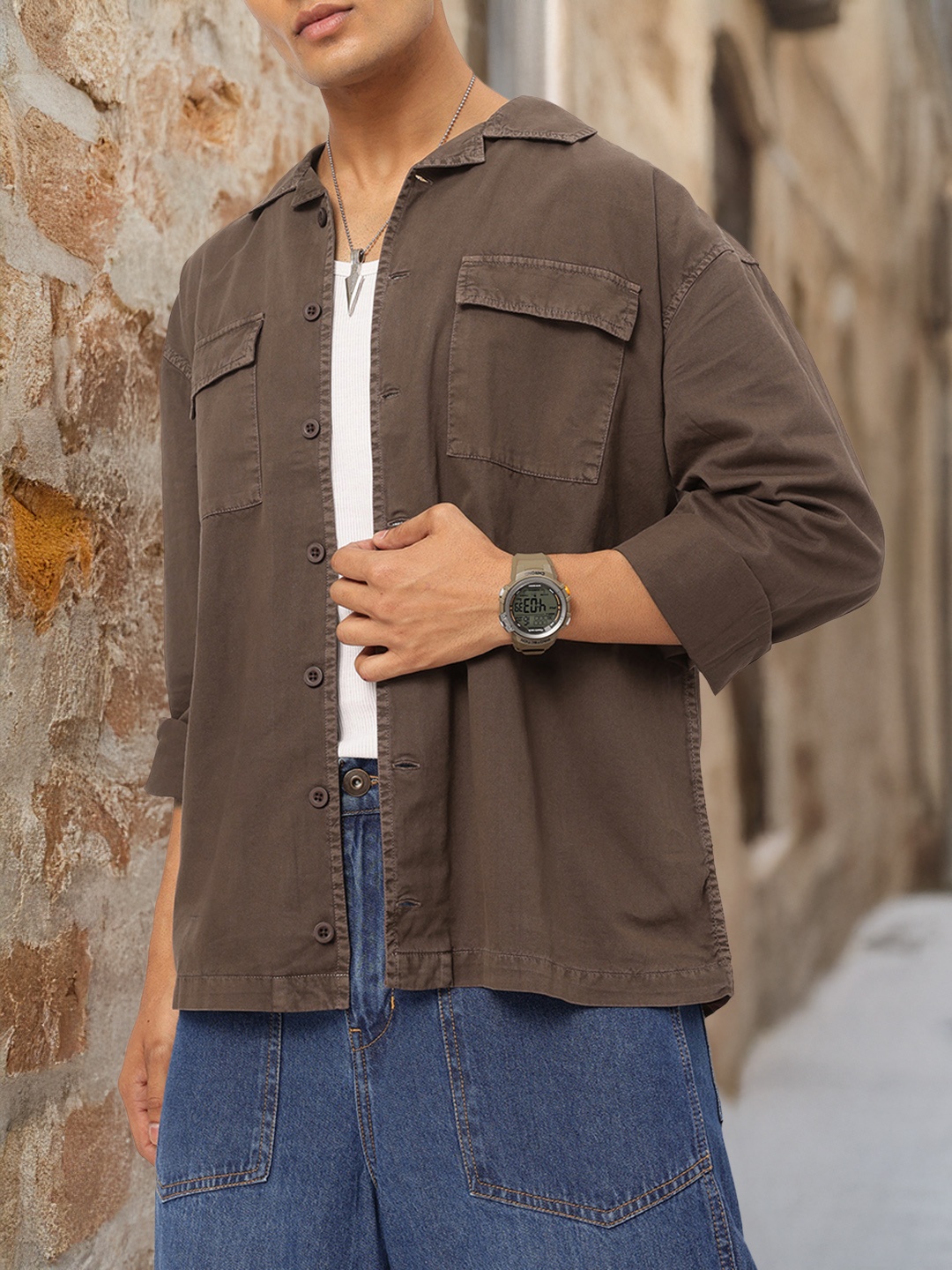 

Kook N Keech Everyday Utility Flap-Pocketed Twill Shirt, Brown