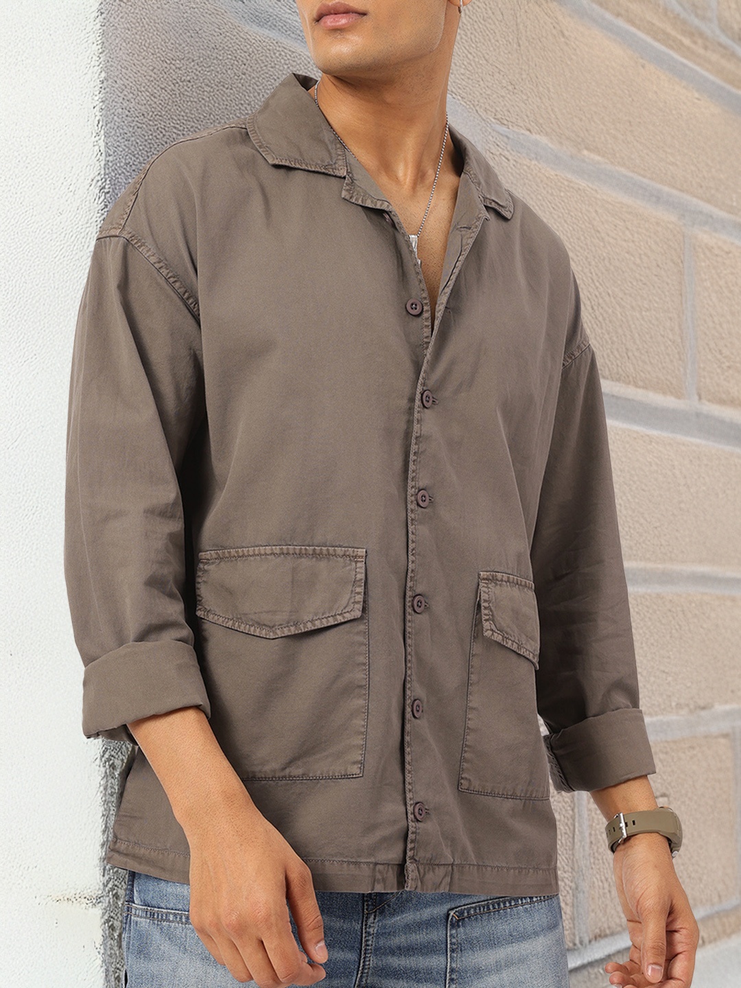 

Kook N Keech Everyday Edge Flap-Pocketed Twill Shirt, Brown