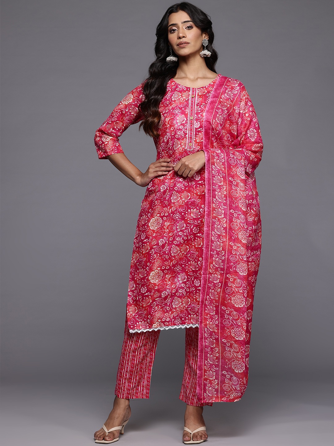 

Varanga Floral Printed Regular Pure Cotton Kurta with Trousers & Dupatta, Pink