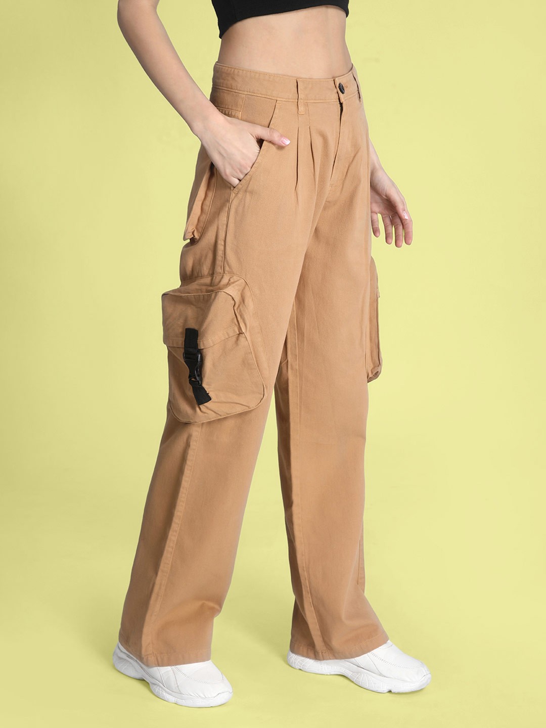 

Bene Kleed Women Classic Straight Fit High-Rise Cargos Trousers, Mustard