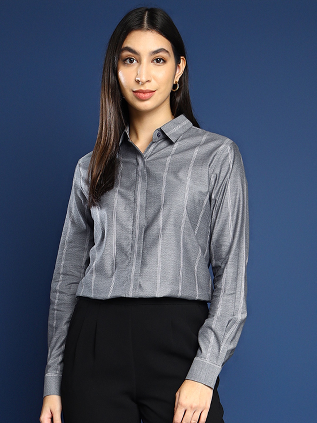 

Hancock Women Vertical Striped Pure Cotton Formal Shirt, Grey