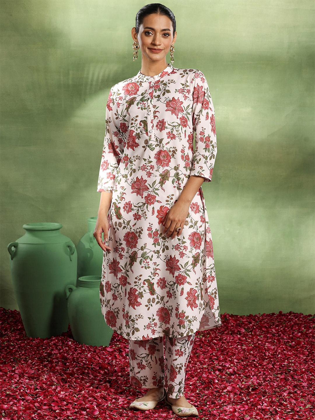 

Libas White Floral Printed Mandarin Collar Tunic & Trousers