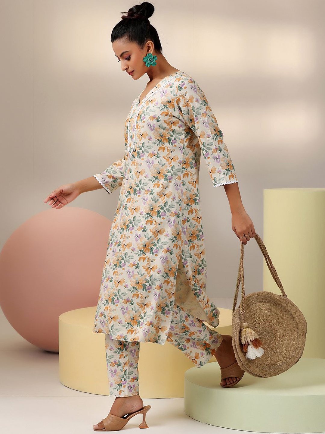 

Libas Floral Printed Longline Tunic With Trousers, Beige