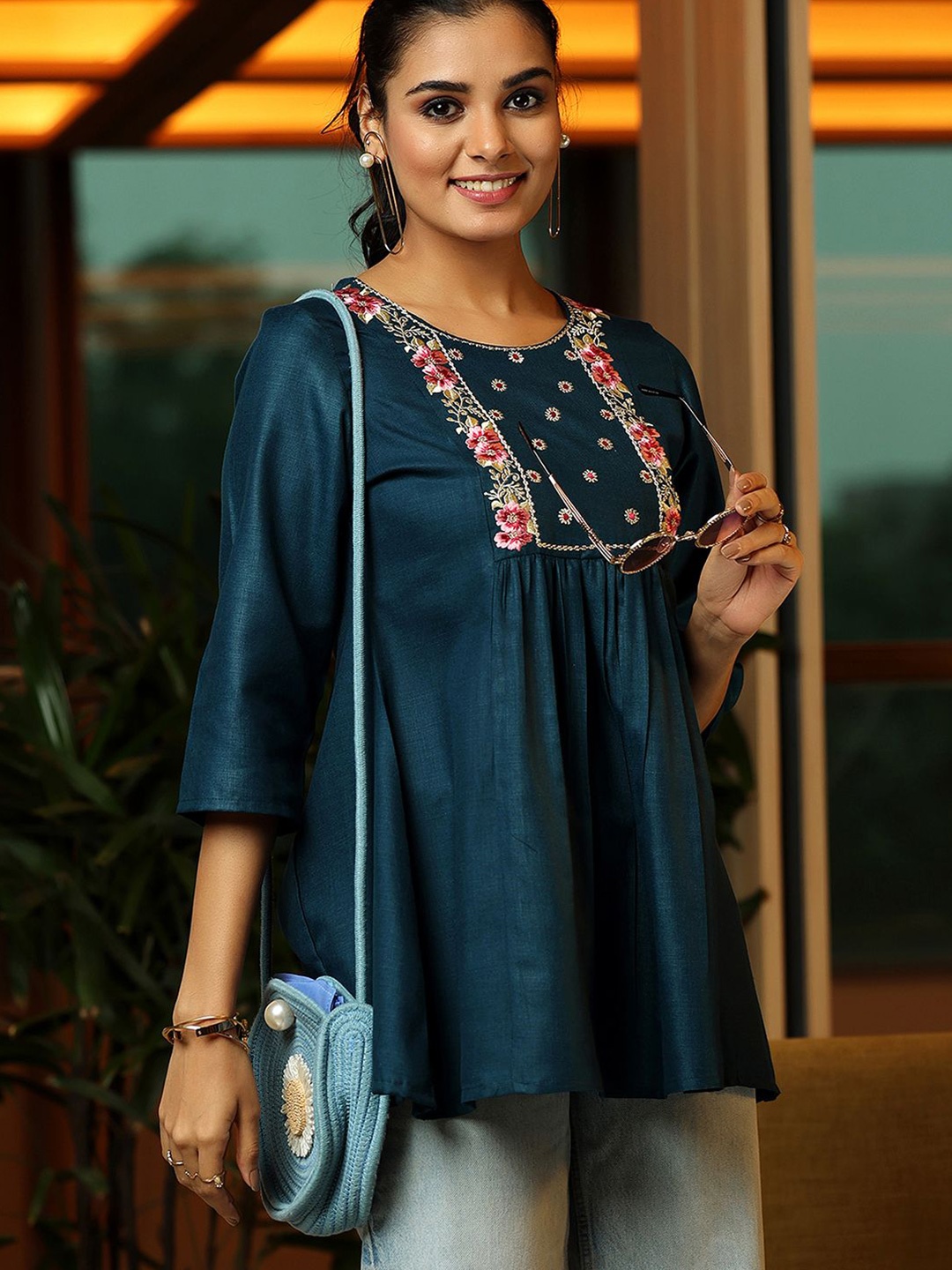 Libas Floral Yoke Design Thread Work Thread Work Pleated Kurti, Blue