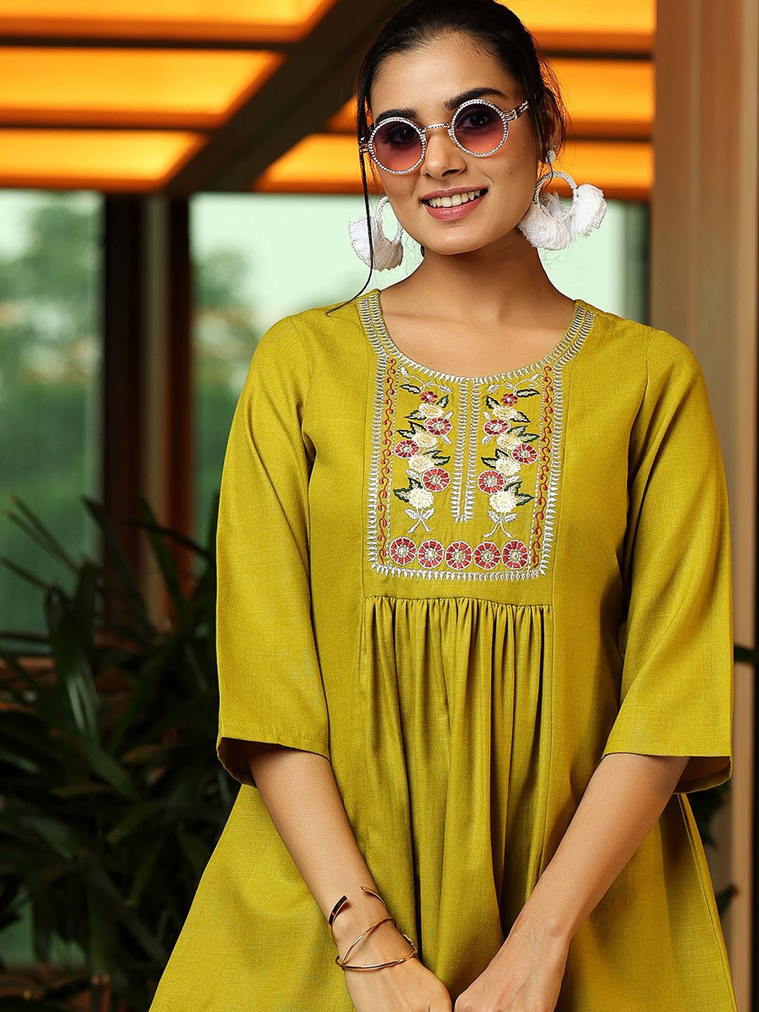 

Libas Floral Yoke Design Mirror Work Mirror Work Pleated Kurti, Lime green