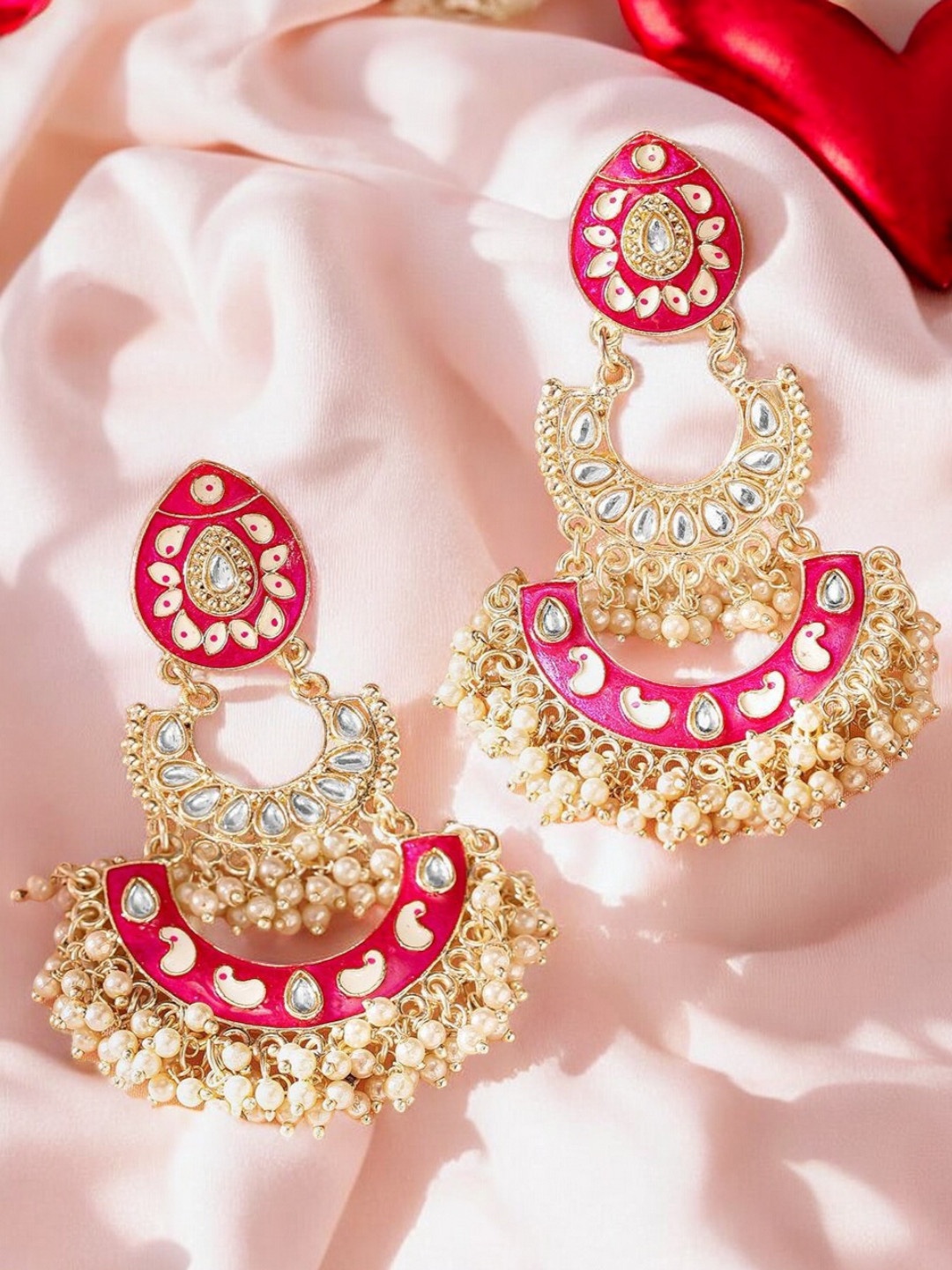 

Anouk Meenakari Enamelled Kundan Studded & Beaded Chandbalis, Gold