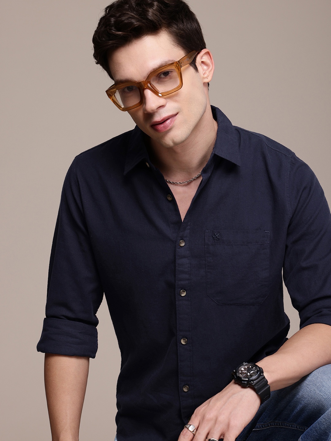

WROGN Opaque Pure Cotton Casual Shirt, Navy blue