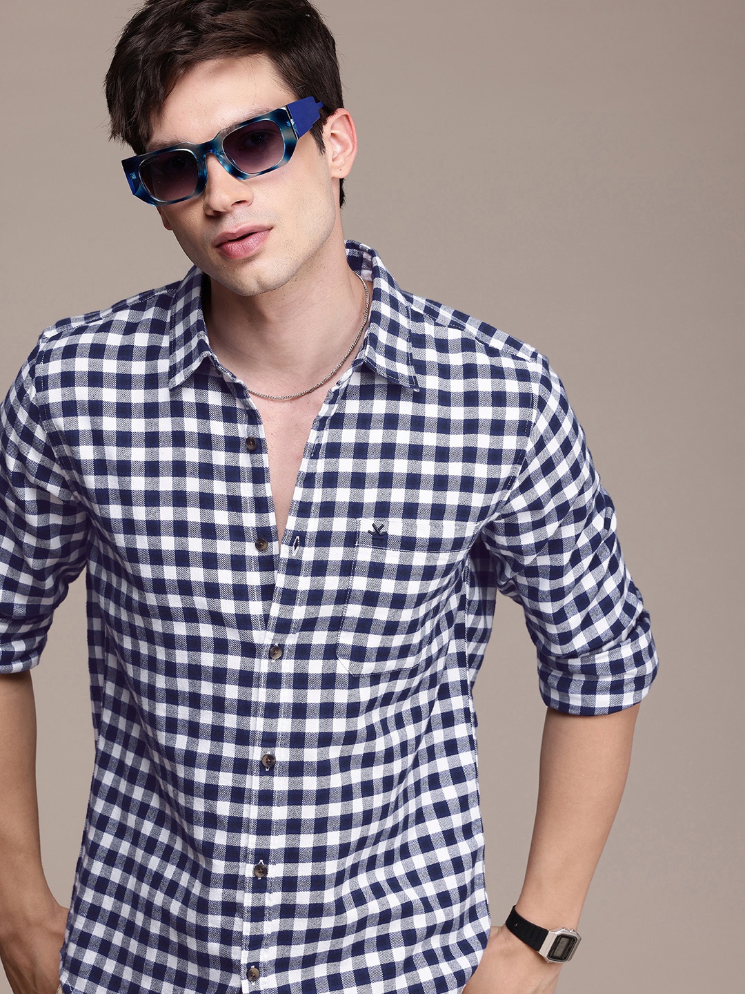 

WROGN Opaque Checked Pure Cotton Casual Shirt, Blue