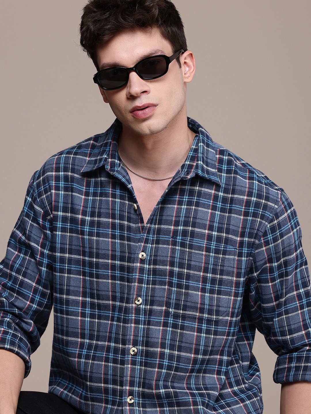 

WROGN Pure Cotton Comfort Fit Opaque Checked Casual Shirt, Navy blue