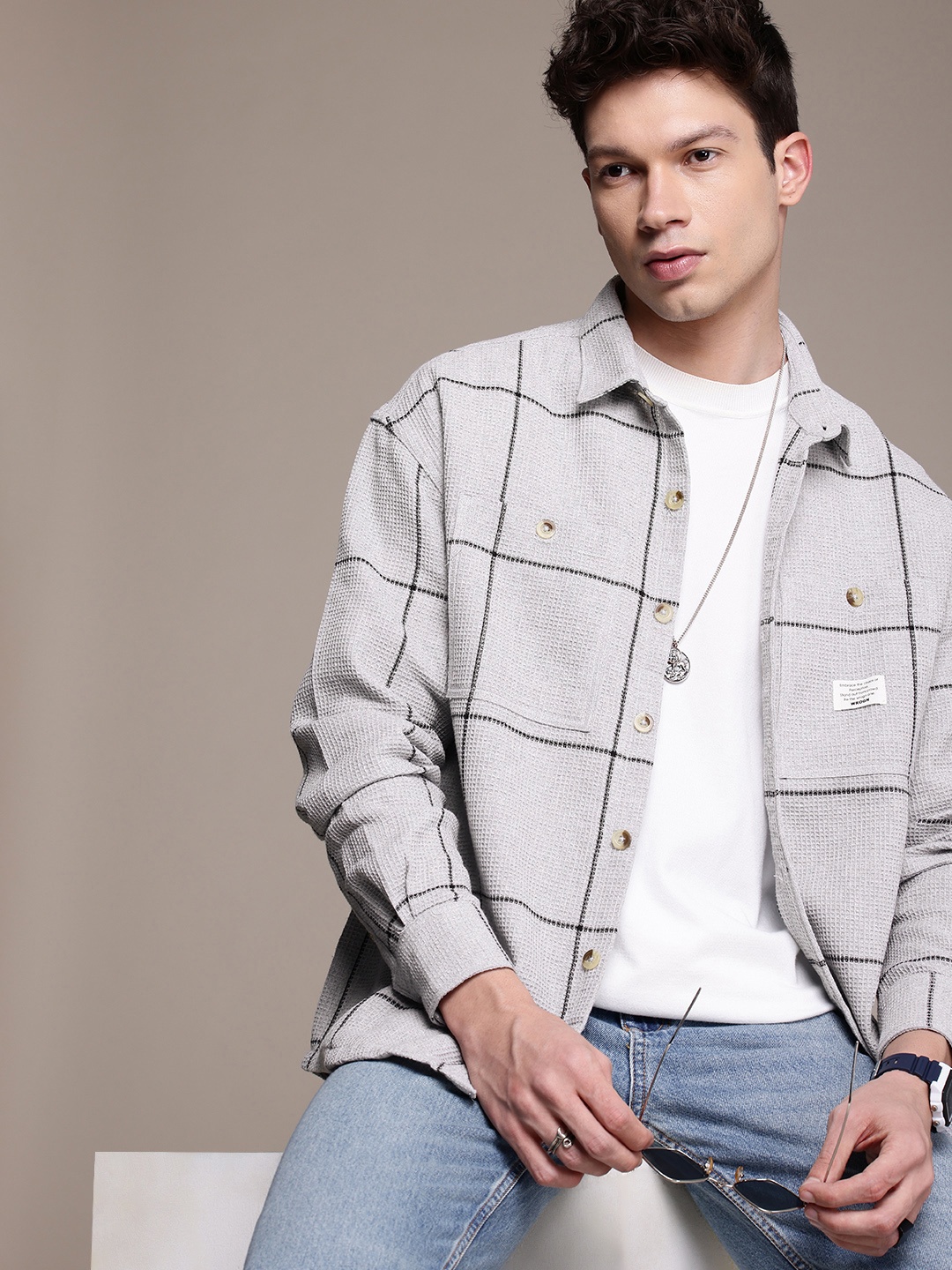 WROGN Self Checked Pure Cotton Oversized Casual Shirt, Grey