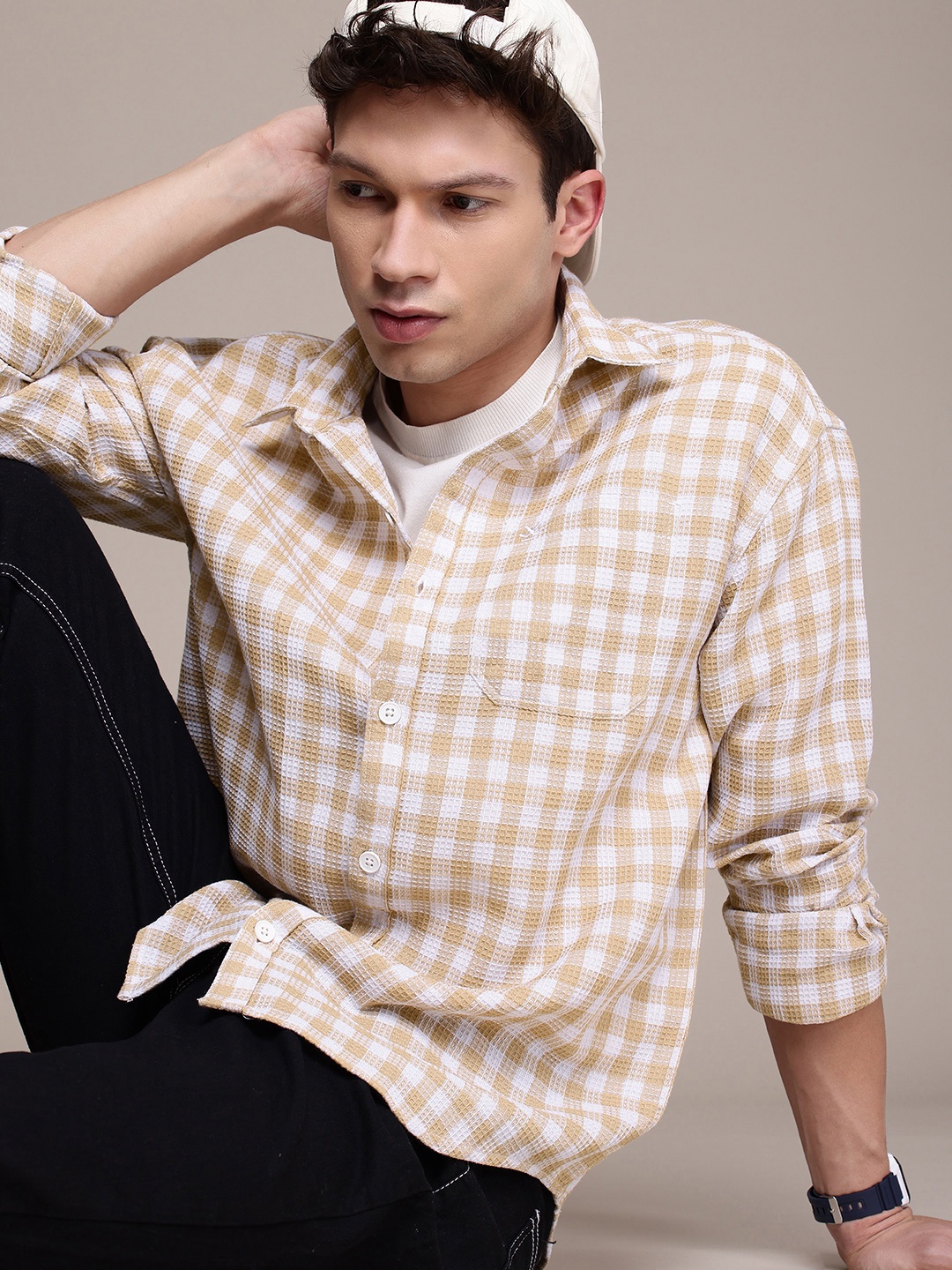 

WROGN Self Checked Pure Cotton Oversized Casual Shirt, White