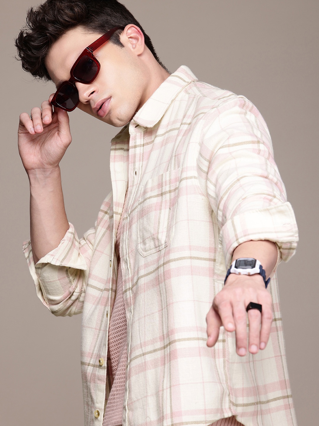 

WROGN Comfort Fit Self Checked Pure Cotton Casual Shirt, Cream