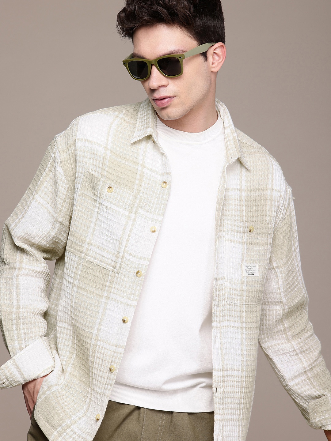 WROGN Self Checked Pure Cotton Oversized Casual Shirt, White