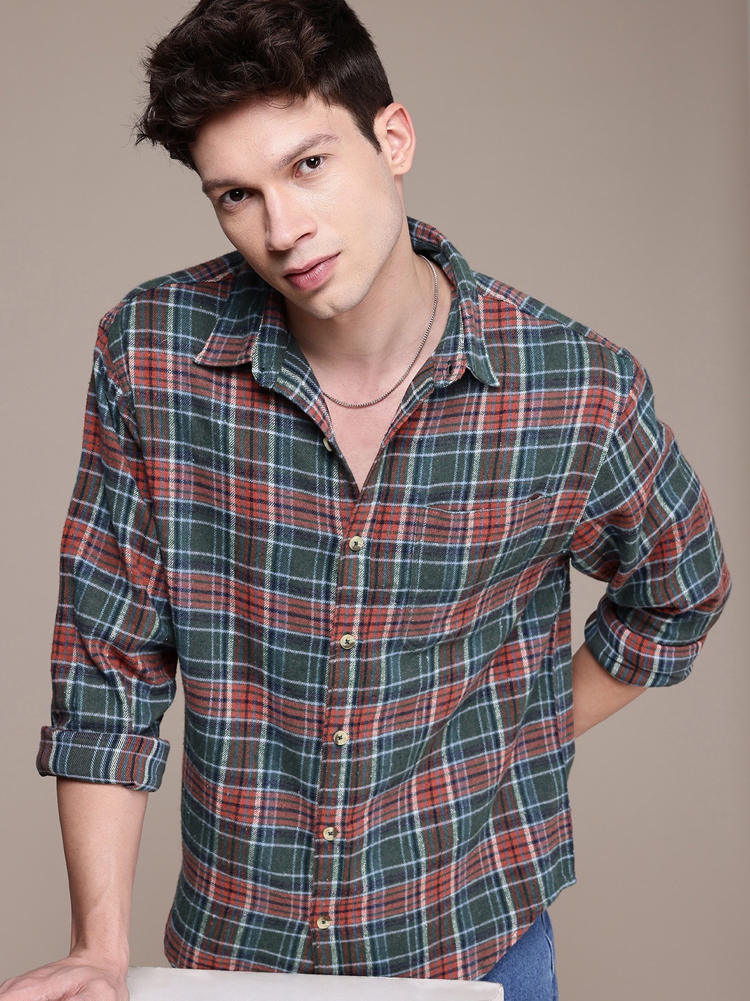 

WROGN Pure Cotton Comfort Fit Opaque Checked Casual Shirt, Rust