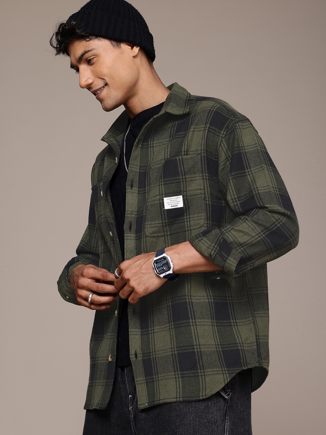 

WROGN Oversized Checked Drop-Shoulder Sleeves Pure Cotton Casual Shirt, Olive