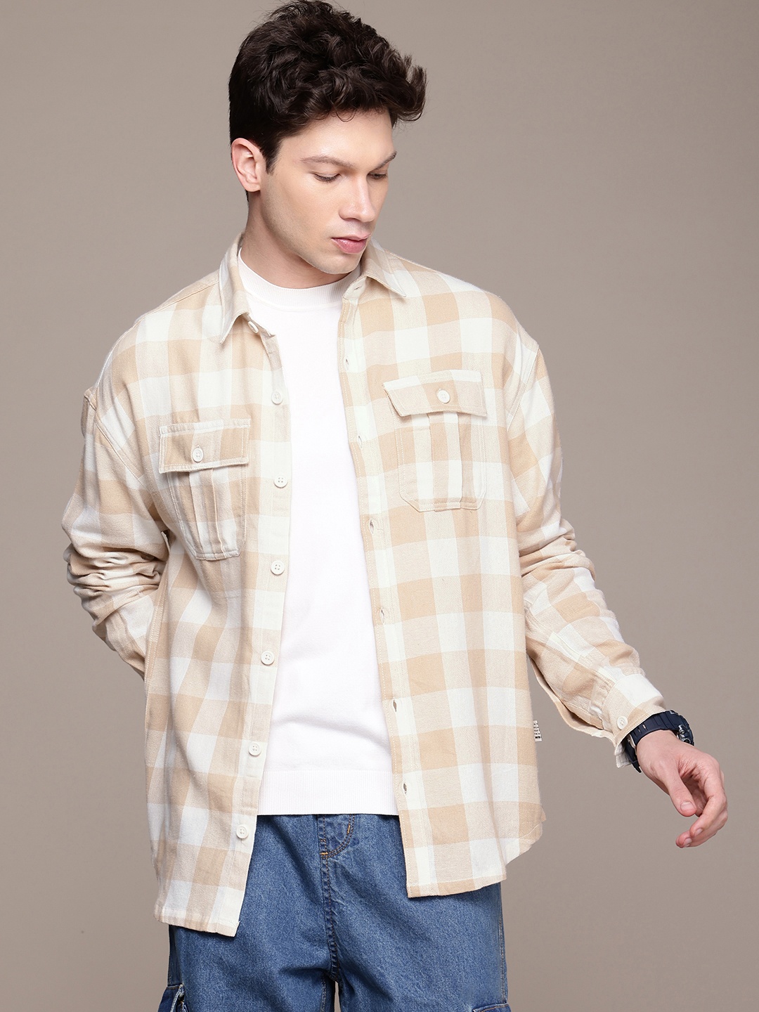 

WROGN Oversized Fit Opaque Checked Pure Cotton Casual Shirt, Beige
