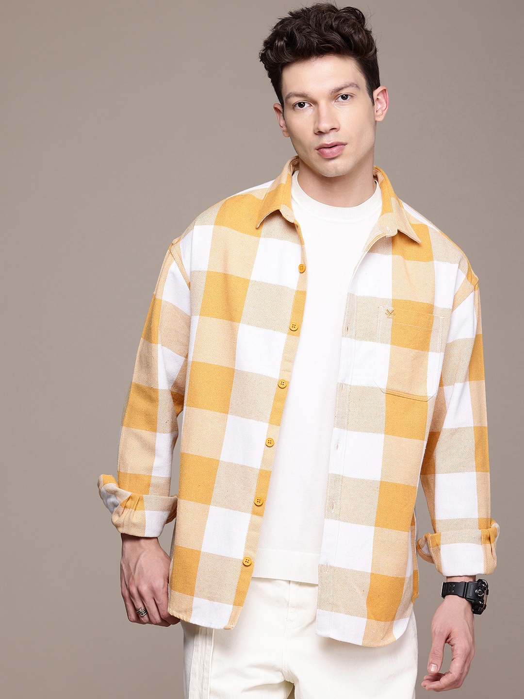 

WROGN Buffalo Checked Pure Cotton Oversized Casual Shirt, Yellow