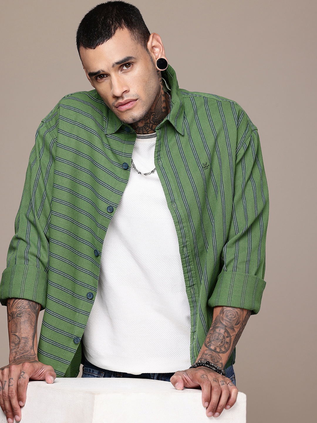 

WROGN Striped Oversized Casual Shirt, Green