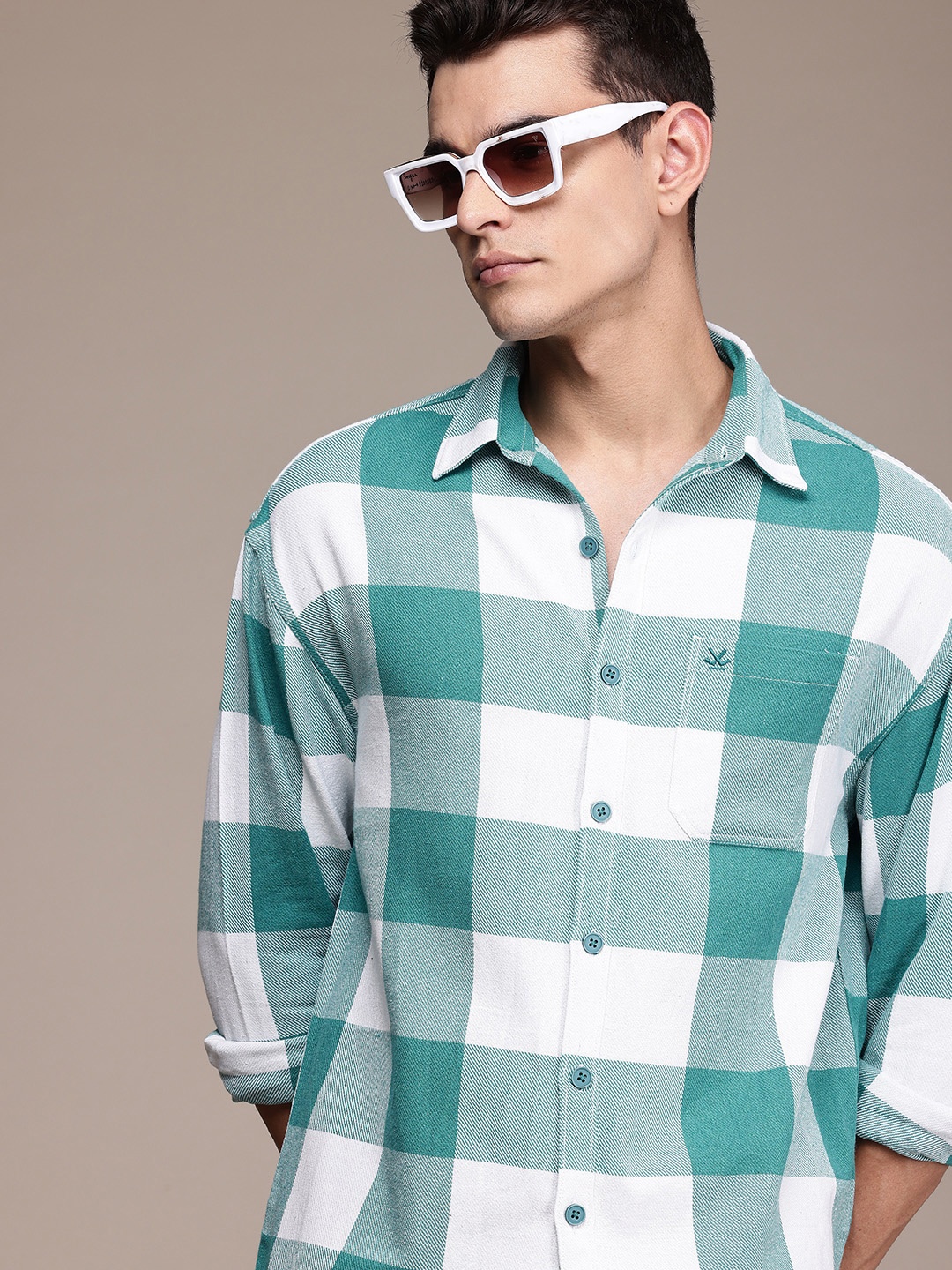 

WROGN Oversized Fit Opaque Checked Pure Cotton Casual Shirt, White