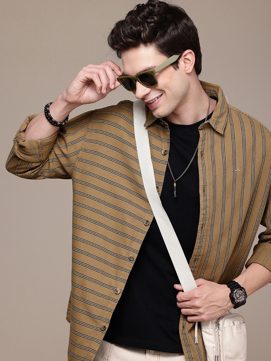 

WROGN Striped Oversized Casual Shirt, Brown