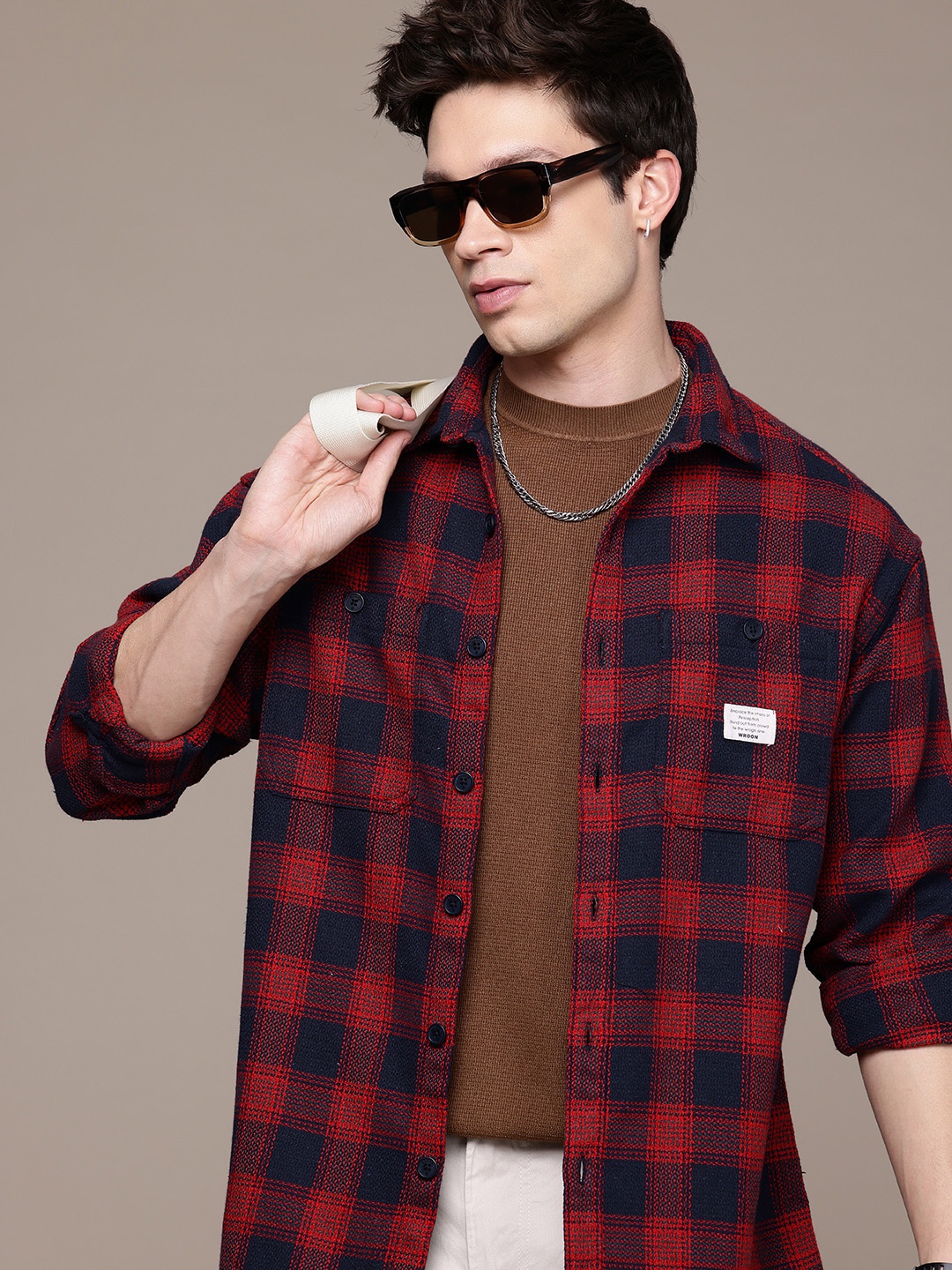 

WROGN Oversized Fit Opaque Checked Casual Shirt, Red