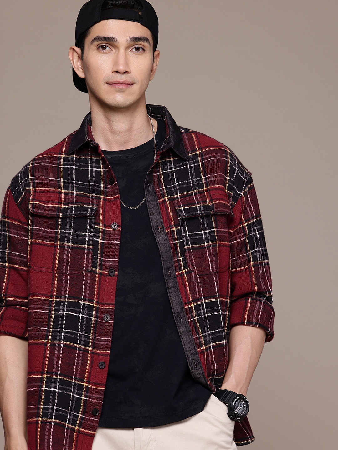 

WROGN Pure Cotton Oversized Tartan Checked Casual Shacket, Maroon