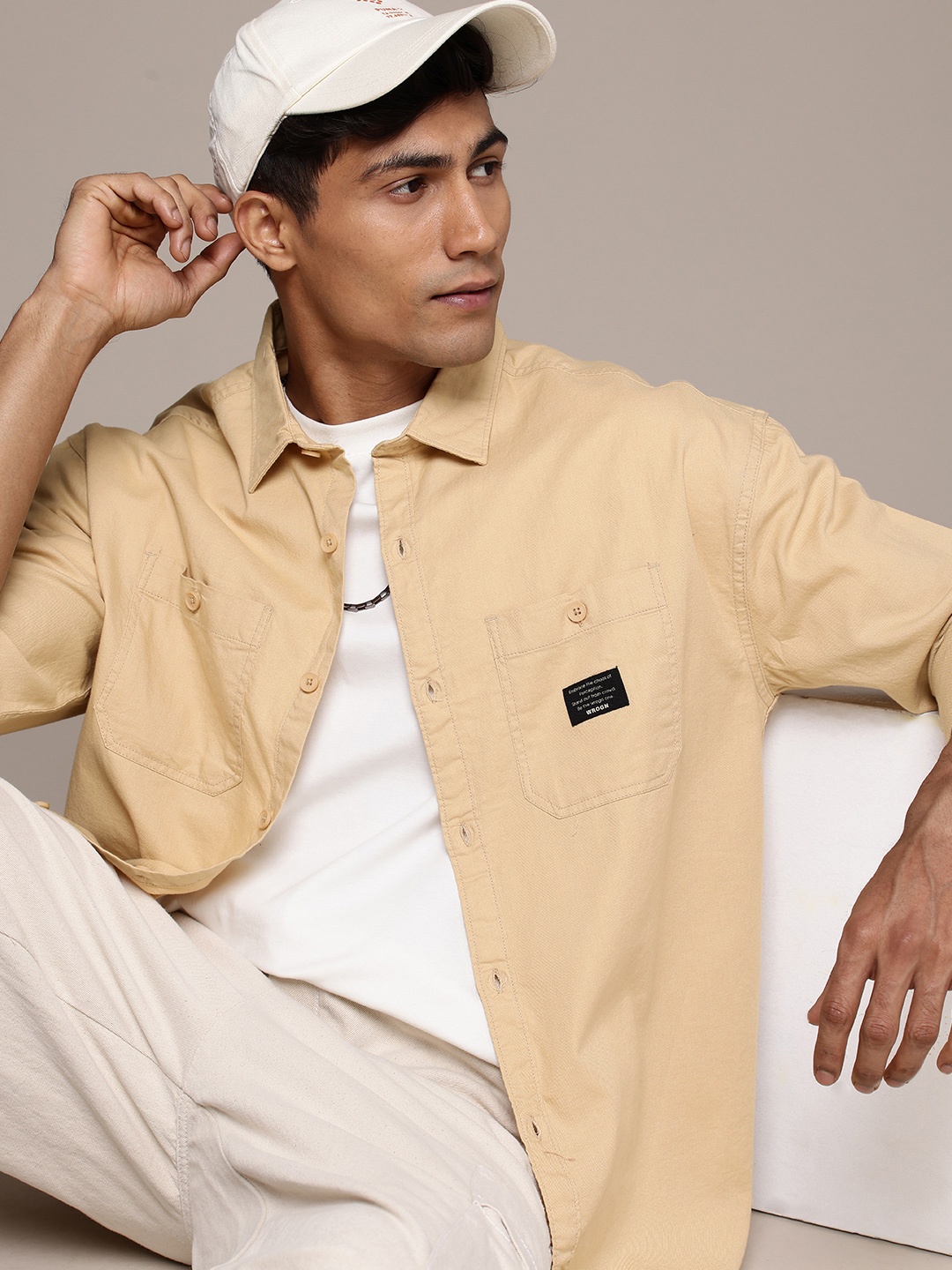 

WROGN Pure Cotton Oversized Casual Shirt, Beige