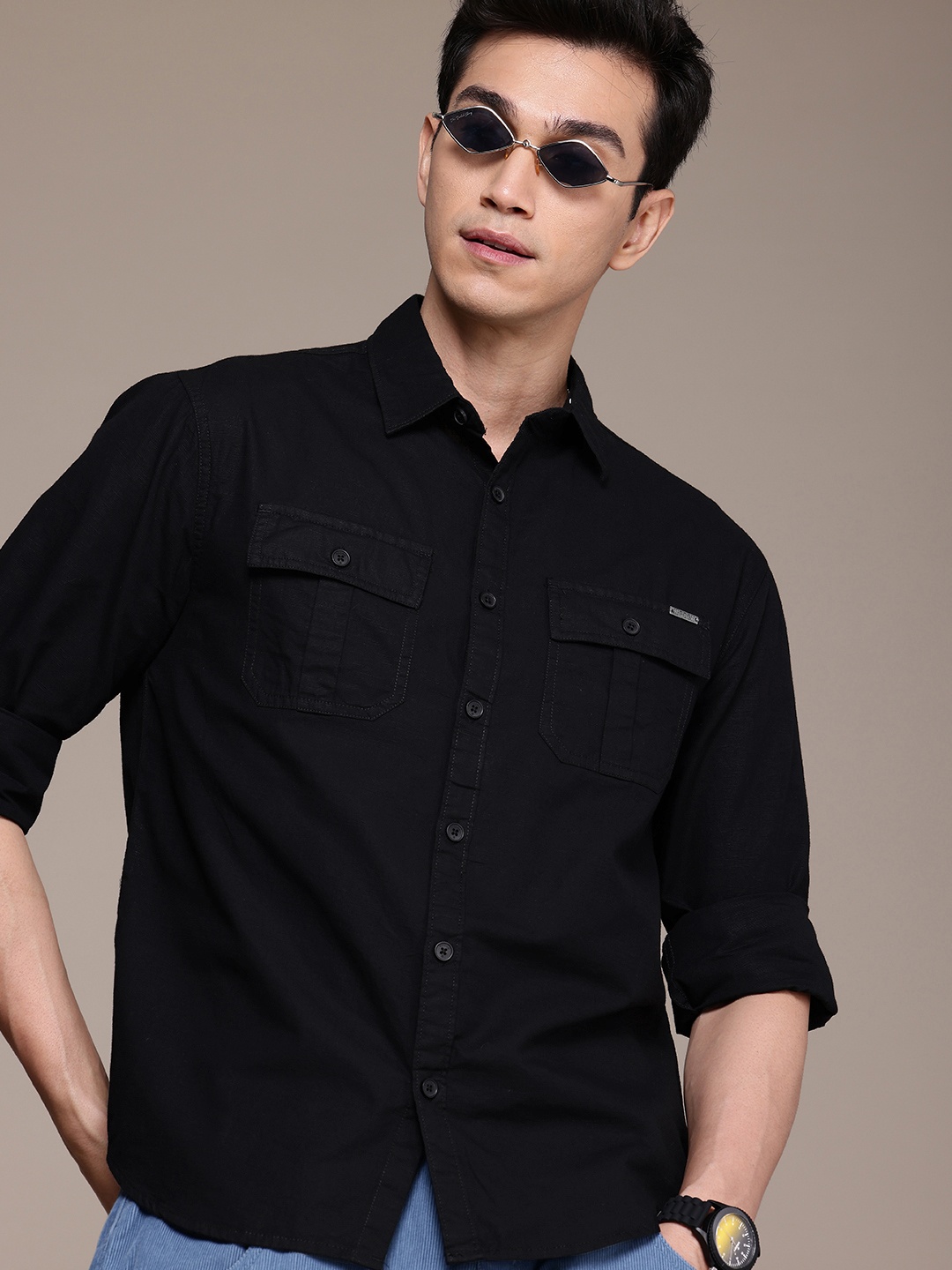 

WROGN Comfort Fit Opaque Pure Cotton Casual Shirt, Black