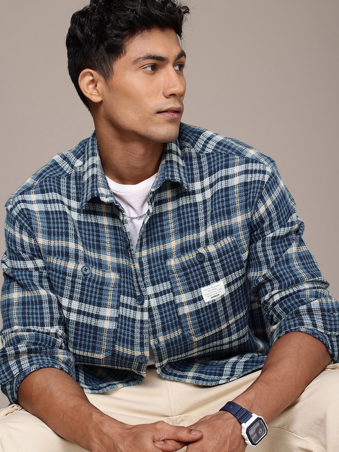 

WROGN Oversized Checked Drop-Shoulder Sleeves Casual Shirt, Blue