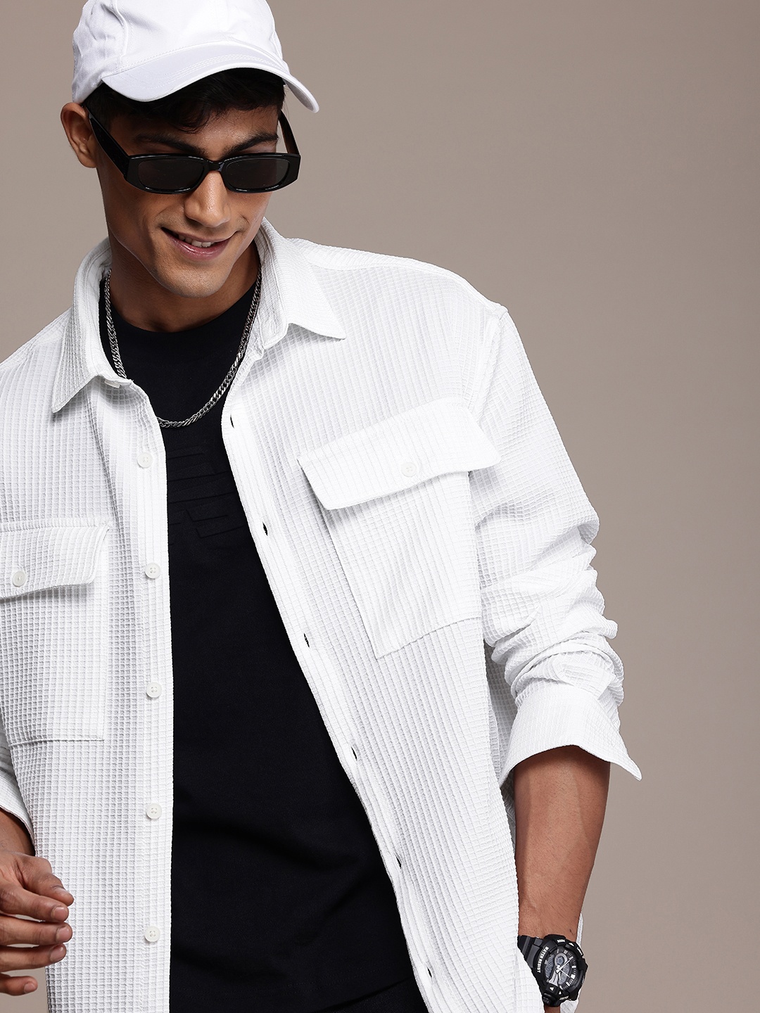 

WROGN Oversized Waffle Weave Casual Shirt, White
