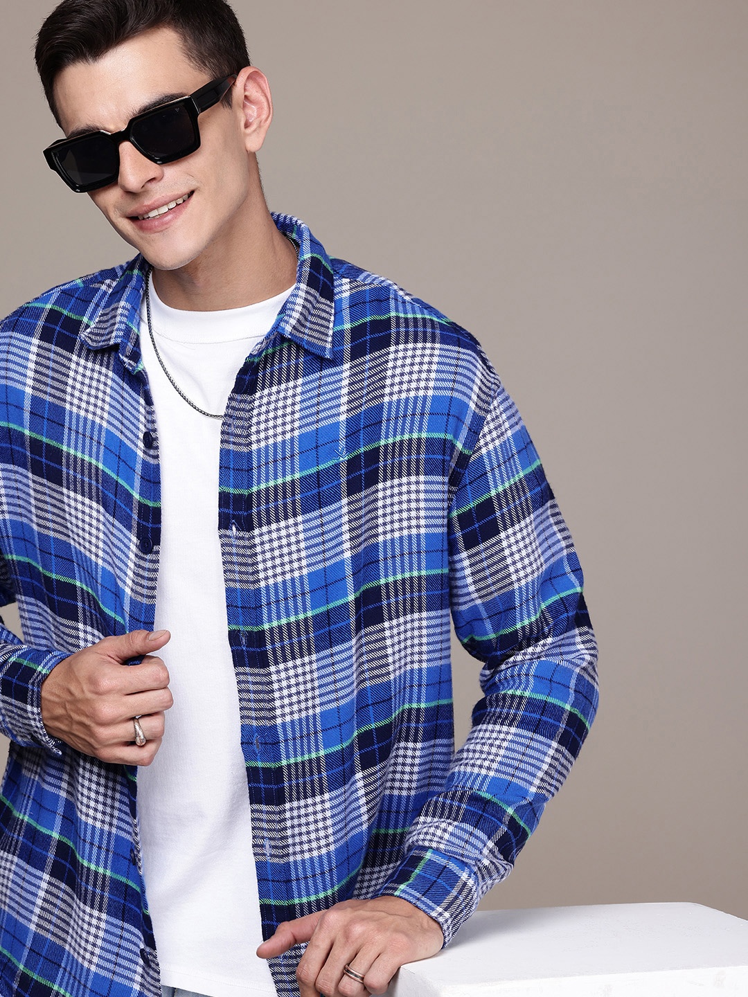 

WROGN Checked Flannel Oversized Casual Shirt, Blue