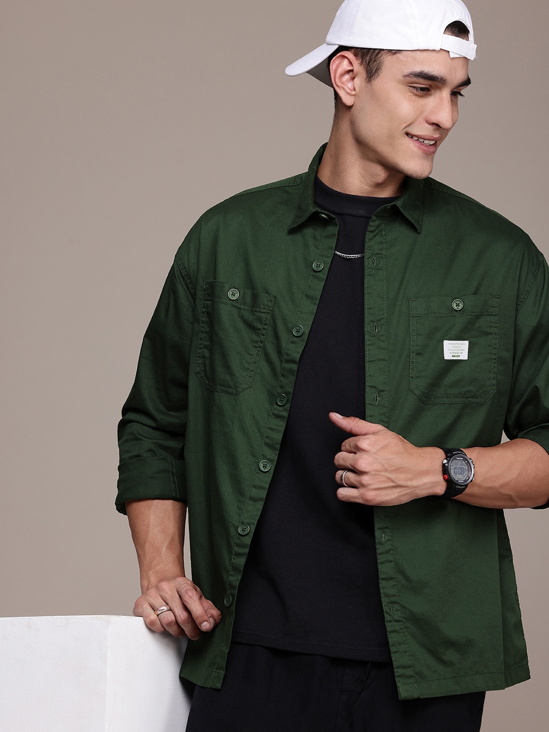 

WROGN Oversized Drop-Shoulder Sleeves Pure Cotton Casual Shirt, Green