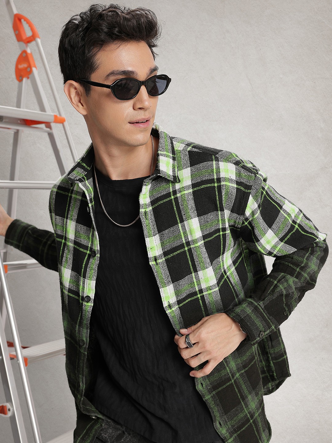 

WROGN Checked Drop-Shoulder Sleeves Oversized Casual Shirt, Black