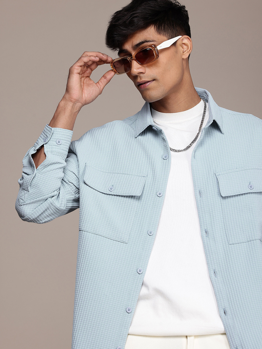 

WROGN Oversized Waffle Weave Casual Shirt, Blue