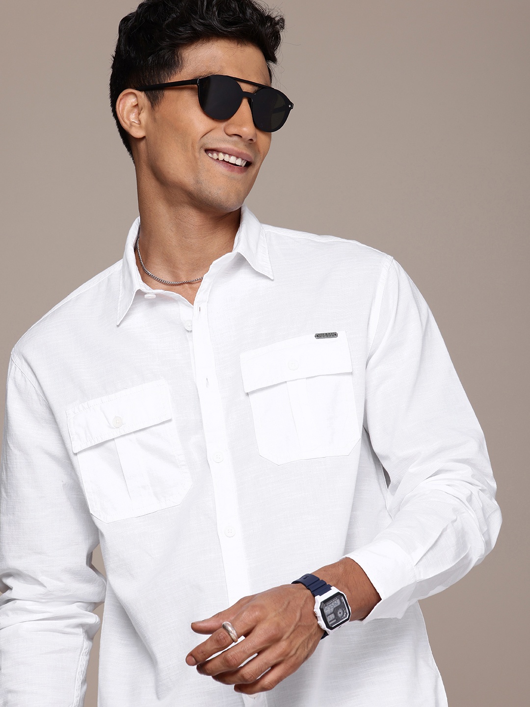 

WROGN Pure Cotton Self Design Textured Comfort Fit Opaque Casual Shirt, White