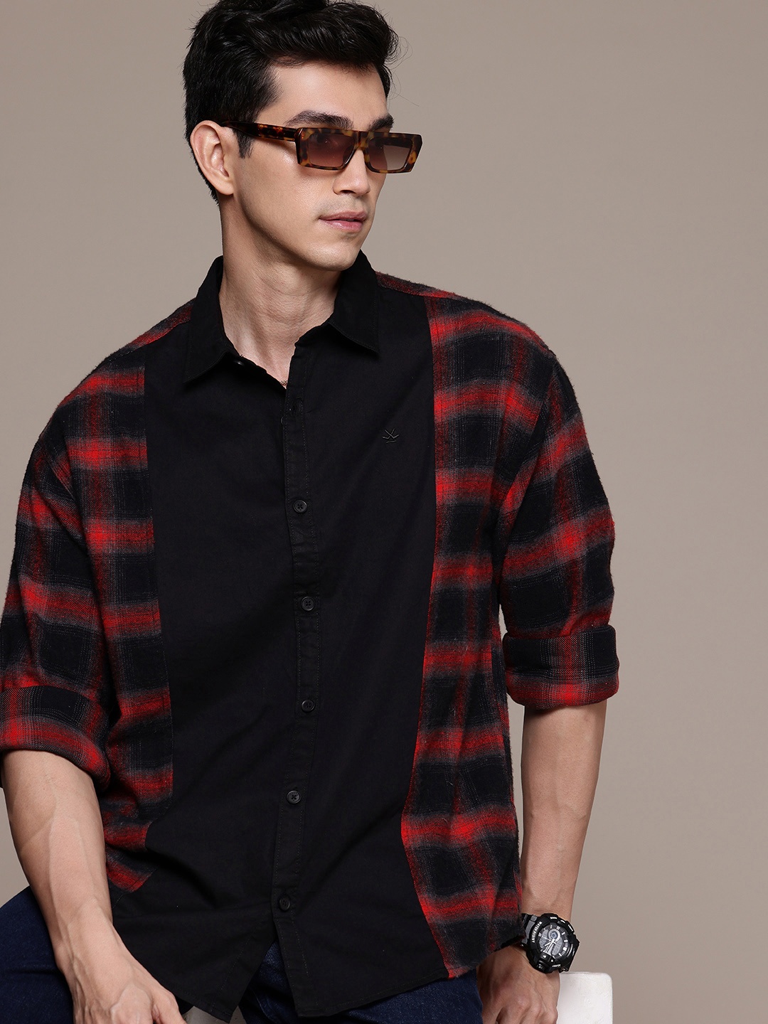 

WROGN Checked Drop-Shoulder Sleeves Comfort Fit Shirt, Black