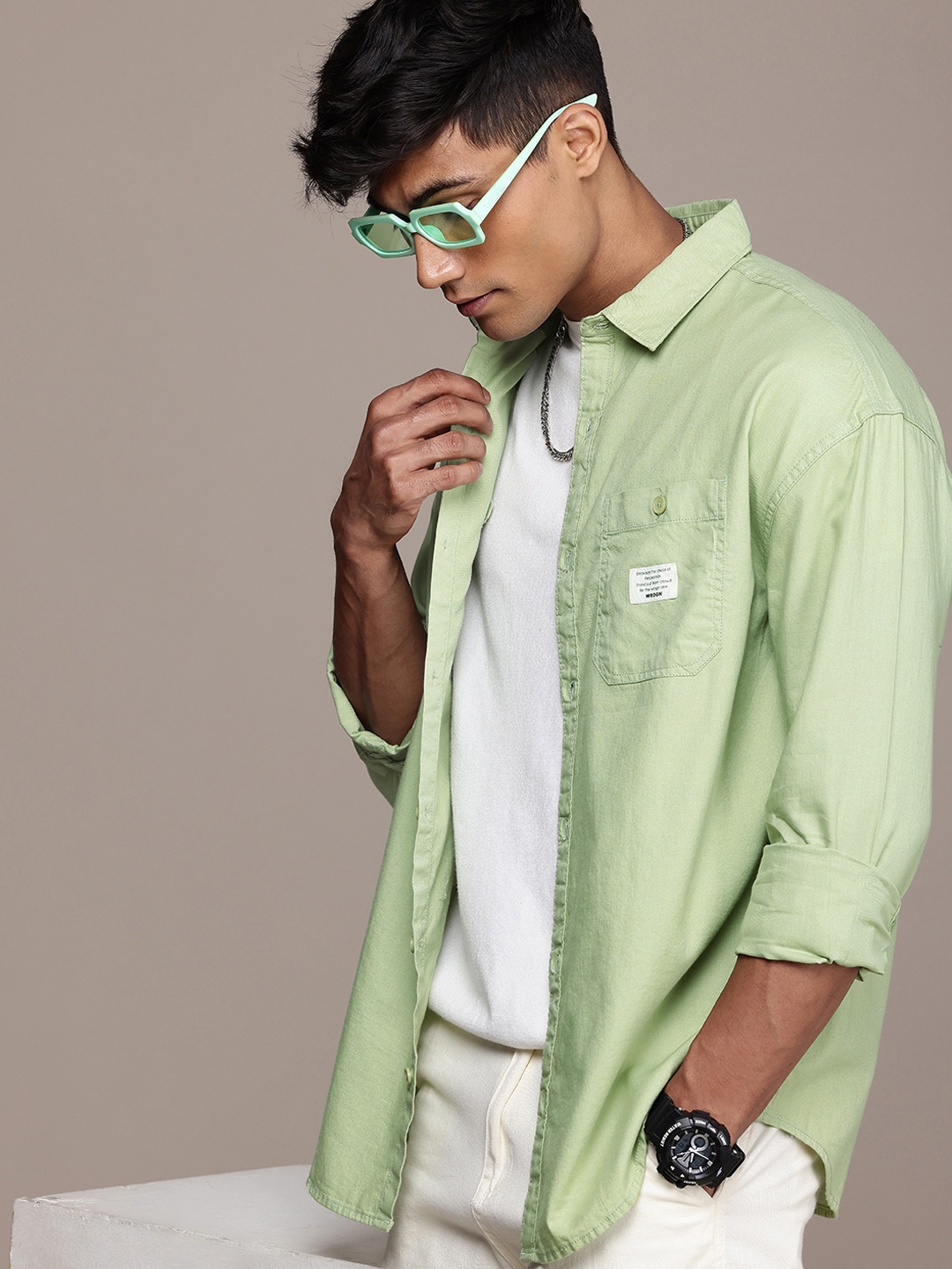 

WROGN Pure Cotton Oversized Casual Shirt, Green