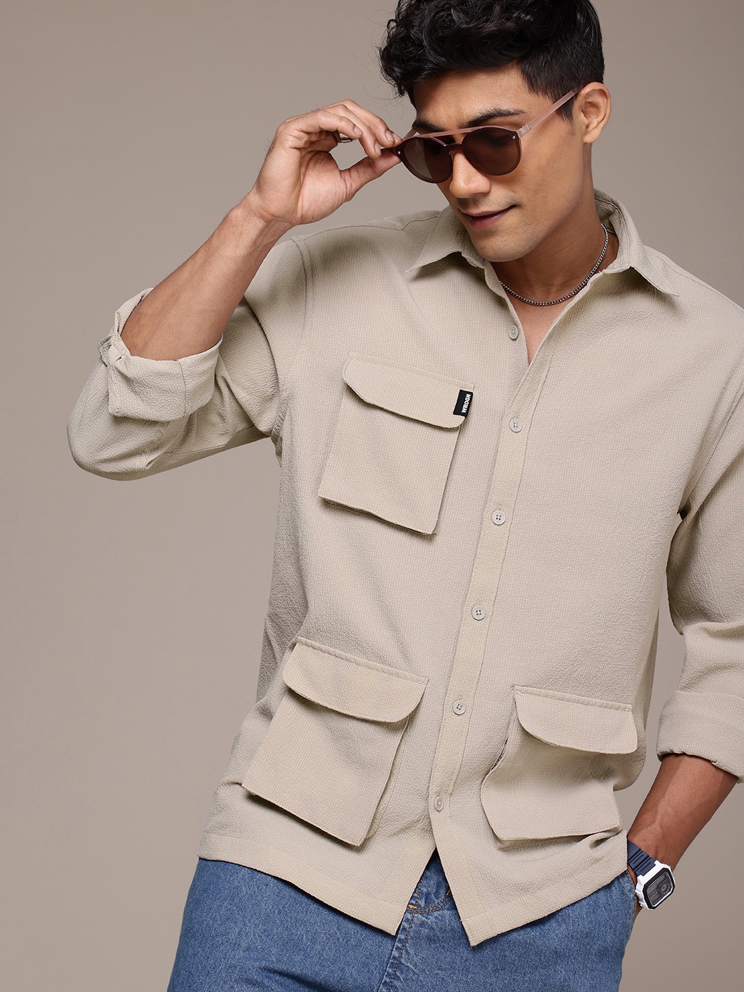 

WROGN Opaque Seersucker Comfort Fit Casual Shirt, Taupe