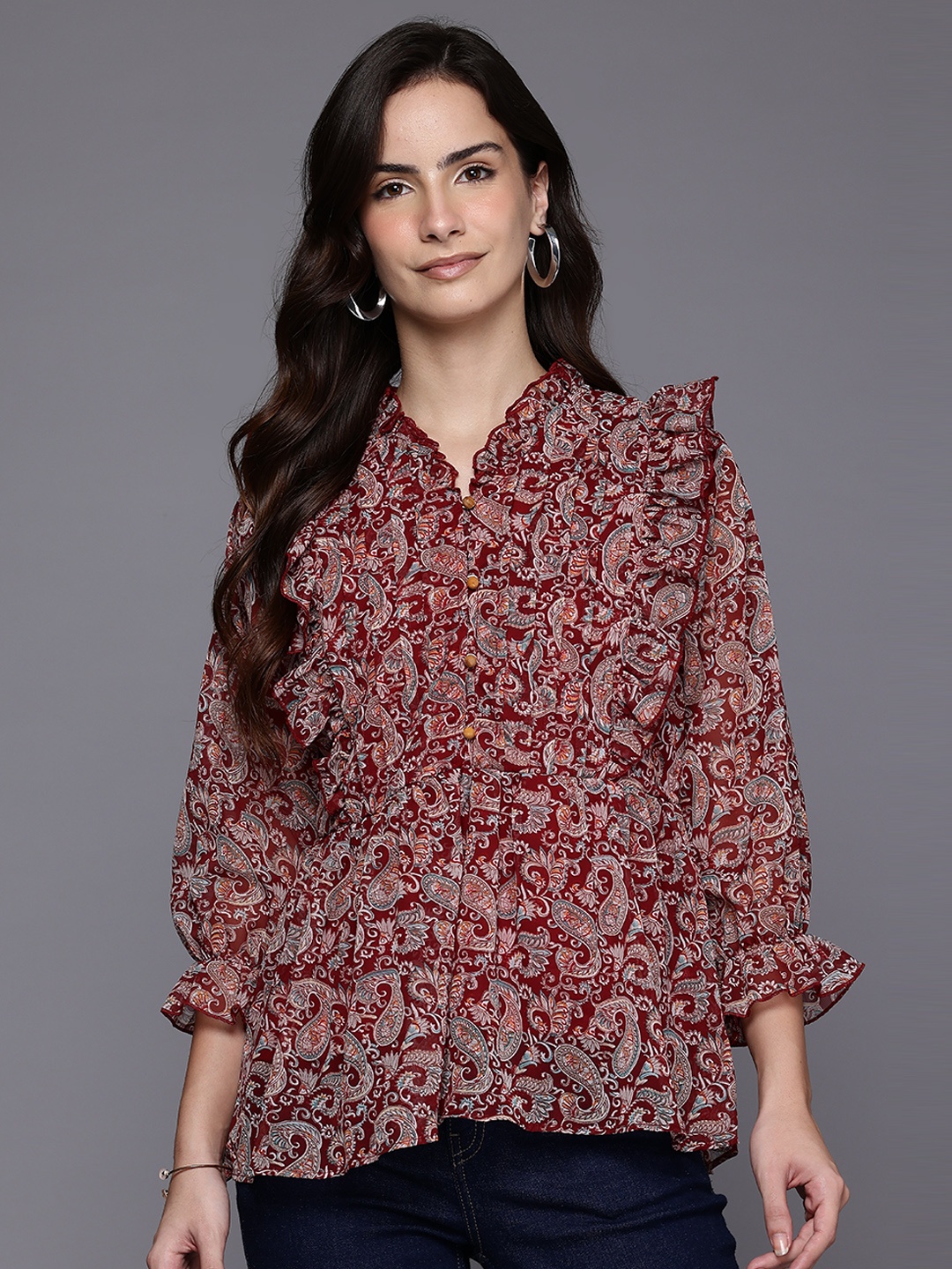 

Ironic Creation Floral Printed Ruffles Top, Maroon