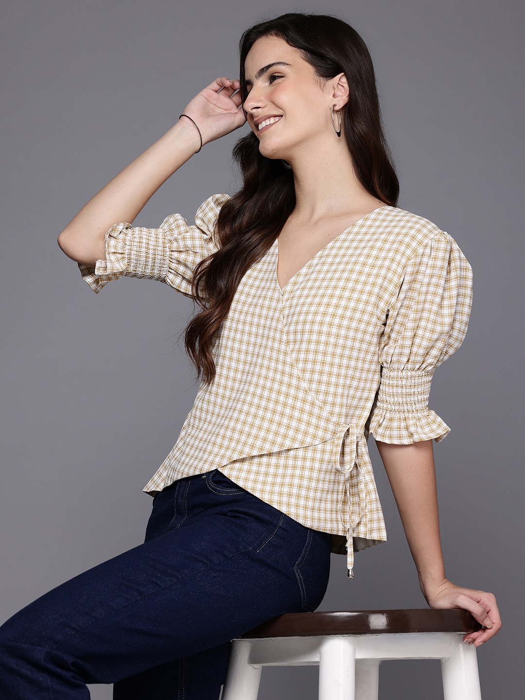 

Ironic Creation Checked Wrap Top, Yellow