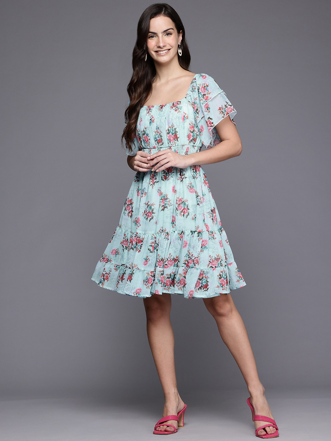 

Ironic Creation Floral Printed Flared Sleeve Fit & Flare Dress, Blue