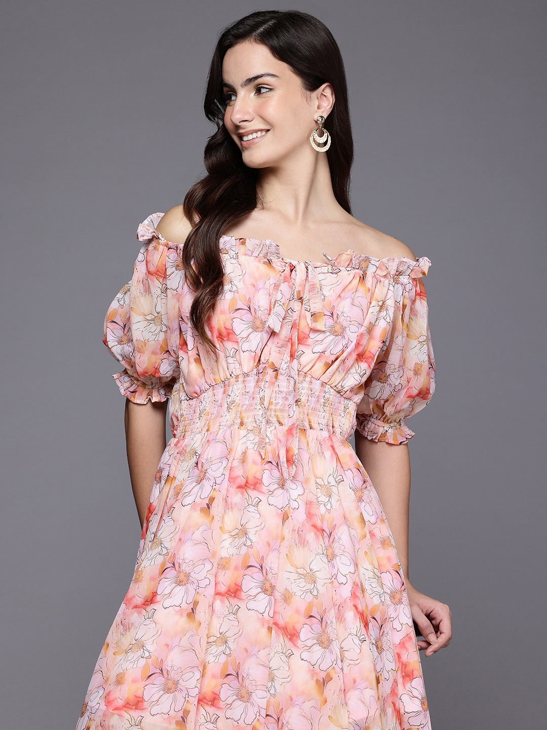 

Ironic Creation Floral Print Off-Shoulder Fit & Flare Dress, Pink