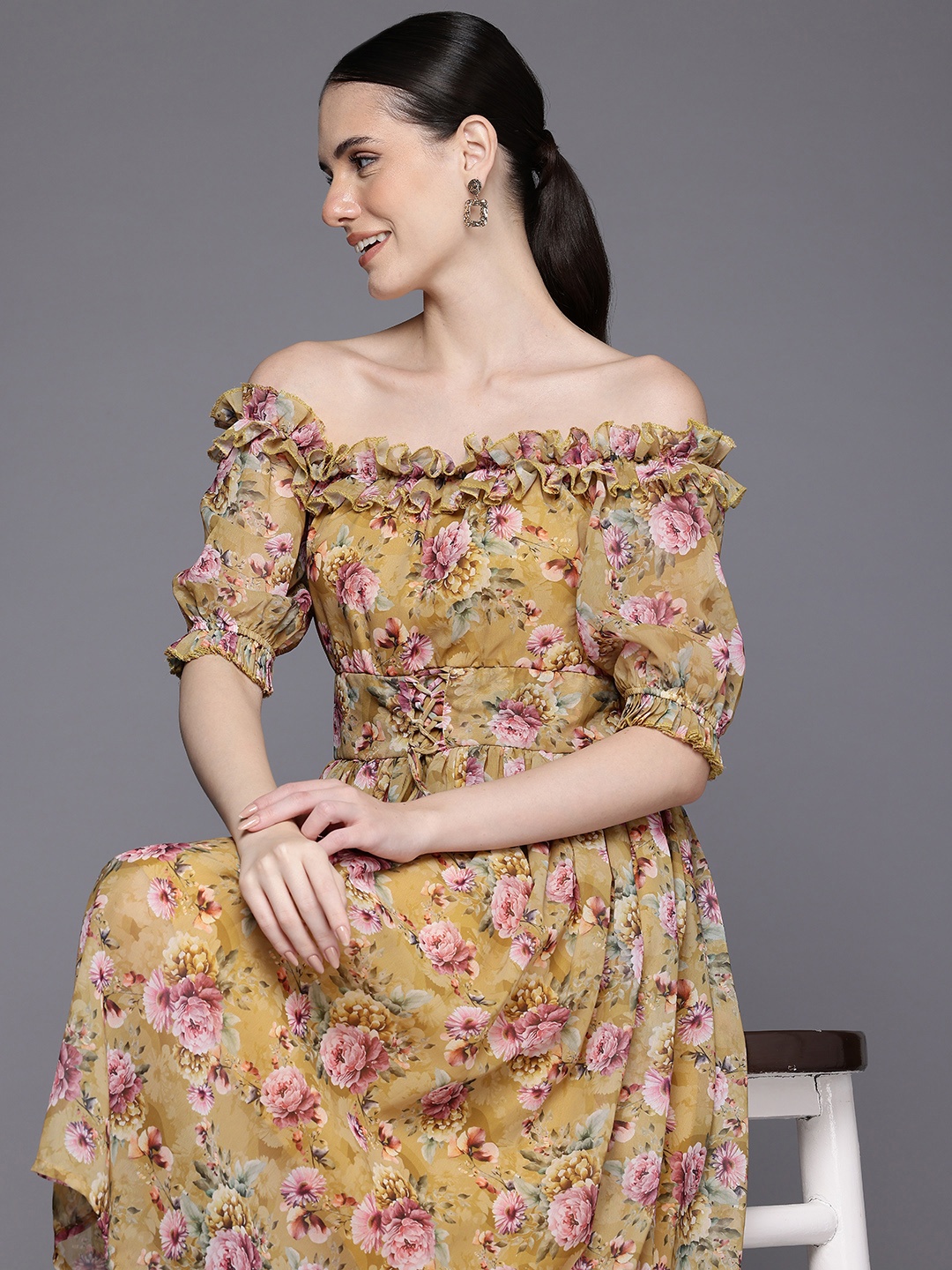 

Ironic Creation Floral Printed Off-Shoulder Fit & Flare Dress, Mustard