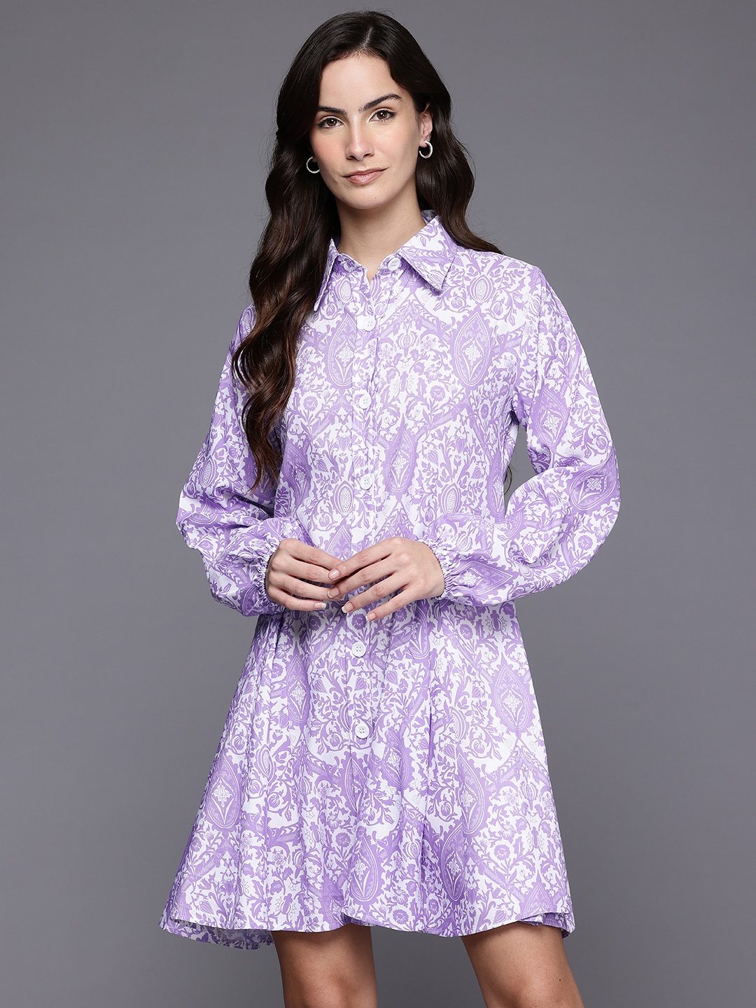 

Ironic Creation Floral Print Shirt Style Dress, Lavender